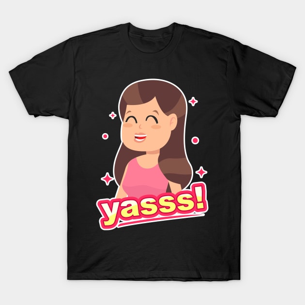 Smiling Girl Yasss Cartoon Brown T-Shirt by BrightLightArts